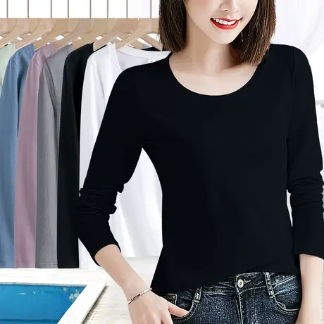 黑色圆领修身长袖简约基础款春秋季纯棉t恤打底衫女内搭圆领上衣图片