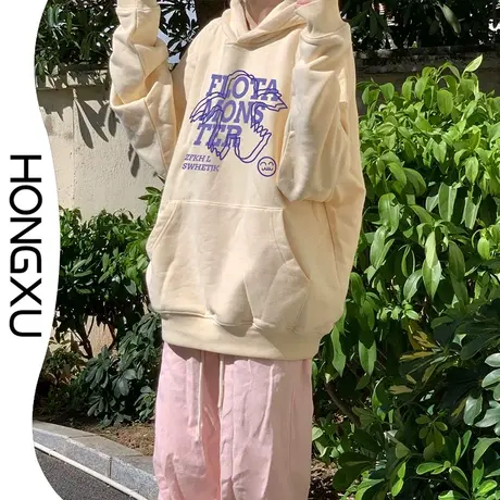 红续新款秋冬加厚连帽卫衣杏色温柔文艺风印花上衣宽松百搭显瘦潮商品大图