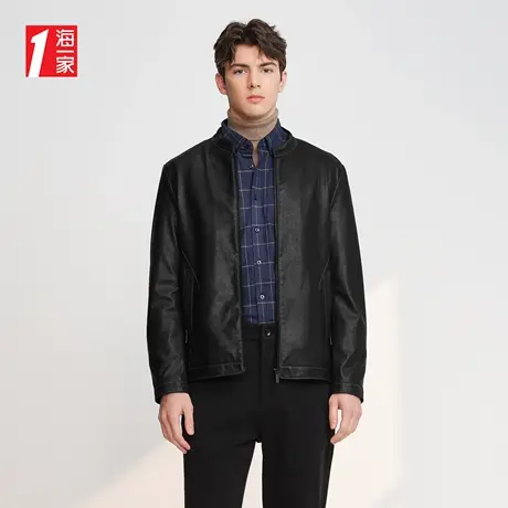 海一家简约立领外套2023秋季新款商务休闲职业中年男士PU皮夹克商品大图