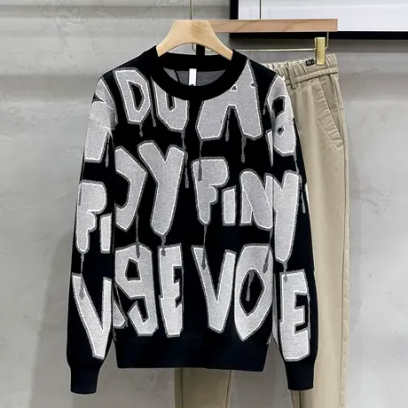 毛衣男字母植绒刺绣秋冬情侣款套头针织衫宽松慵懒风套头百搭上衣商品大图