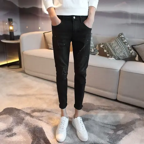 2023新款秋装男牛仔裤九分裤破洞小脚裤显瘦铅笔裤男青年补丁裤子商品大图