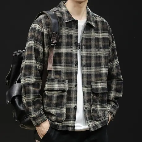 秋季2023新款格子衬衫男美式潮牌多口袋男士休闲工装外套衬衣春秋图片