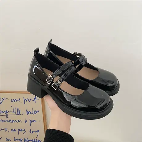双扣玛丽珍小皮鞋女2023新款法式粗高跟配裙厚底复古英伦风jk单鞋商品大图