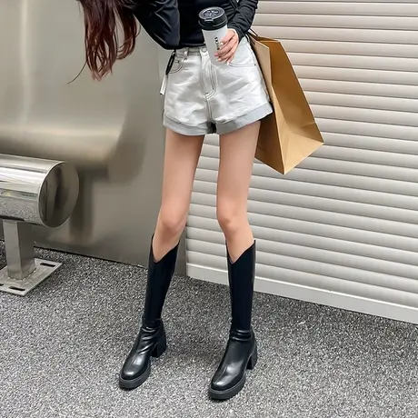 长筒靴女粗跟骑士靴2022秋冬新款时尚高跟圆头V领不过膝瘦瘦长靴商品大图