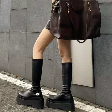 黑色厚底不过膝小个子长筒靴女靴子女增高新款秋季显瘦小香长靴女商品大图