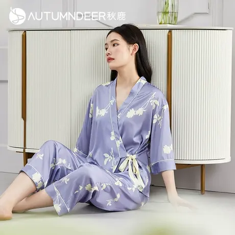 秋鹿印花V领丝绸睡衣女夏冰丝家居服七分袖九分裤初秋女士套装薄图片