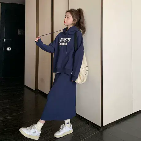 大码休闲套装女春秋新款美式复古连帽卫衣半身裙两件套胖mm200斤商品大图