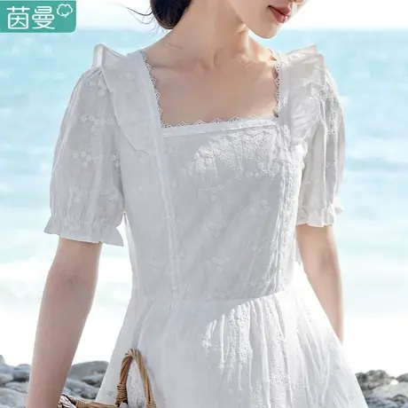 茵曼官方旗舰店法式温柔方领连衣裙女2023夏季新款显瘦白裙长裙图片