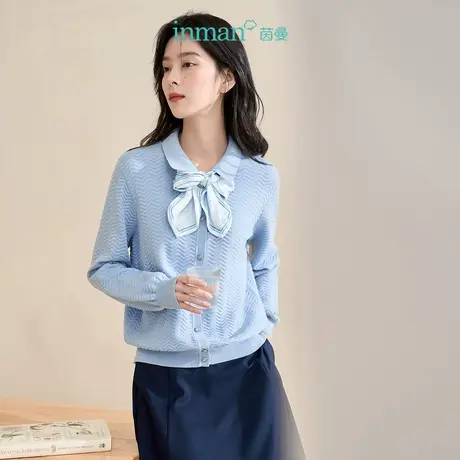 【商场同款】茵曼2023春女装新款时尚简约翻领波浪纹蓝色宽松毛衣图片