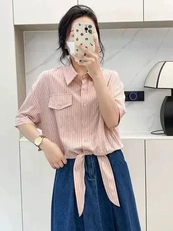 ins港风复古条纹短袖衬衫女2023夏季新款别致设计感小众衬衣上衣商品大图