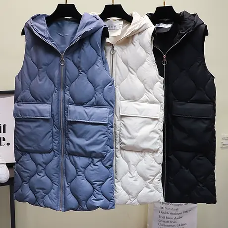 冬装新款中长款纯色棉马甲韩版宽松连帽大口袋无袖棉衣马夹女外套商品大图