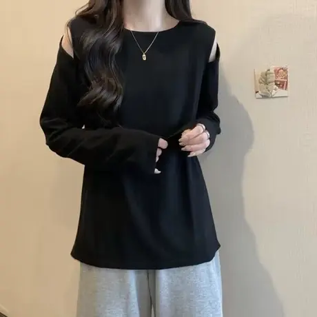 破洞设计感小众长袖T恤女秋季宽松显瘦内搭双面德绒打底衫上衣潮图片