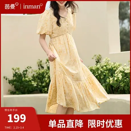 茵曼旗舰店法式碎花连衣裙女2024夏季新款v领气质收腰仙女裙长裙图片