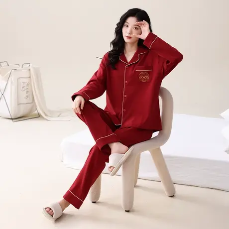 猫人纯棉睡衣女春秋季2023新款大码红色本命年结婚女士家居服套装商品大图