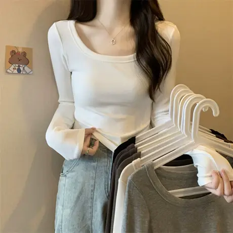 2023年早秋新款露锁骨打底衫女装修身长袖T恤设计感小众辣妹上衣图片