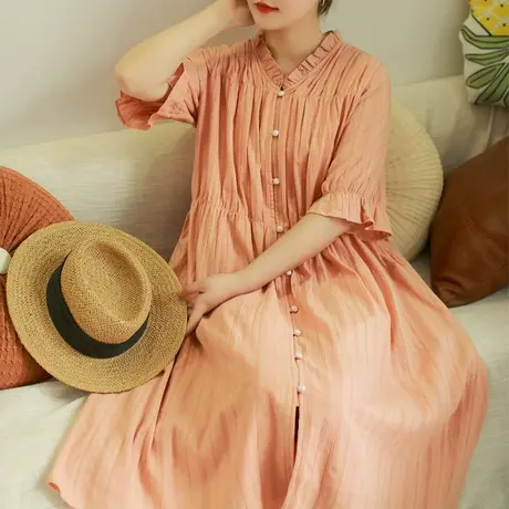 胖妹妹2023粉色全棉木耳边V领长裙 大码微胖邻家女孩花朵袖连衣裙图片