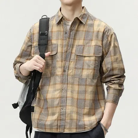 男士格子长袖衬衫男高级感痞帅秋季翻领衬衣2023新款休闲开衫外套商品大图