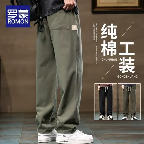 罗蒙春秋季纯棉工装裤子男2024新款宽松运动伐木阔腿裤男士休闲裤商品大图
