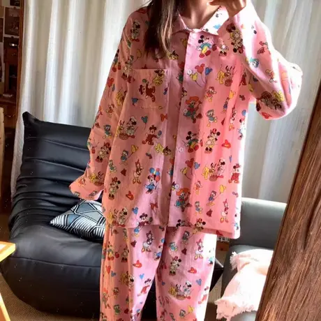 新品！全棉磨毛粉米奇小翻领长袖长裤睡衣套装～可爱卡通家居服商品大图
