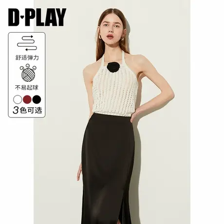 DPLAY夏新海边度假针织镂空挂脖立体玫瑰纯色白色吊带背心图片