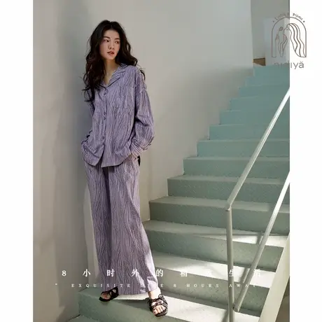 妮狄娅春季睡衣女柔软棉长袖简约开衫时尚宽松春秋休闲家居服套装商品大图