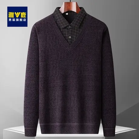 雅鹿男士加绒加厚毛衣衬衫领假两件本命年红色男保暖针织衫冬装图片