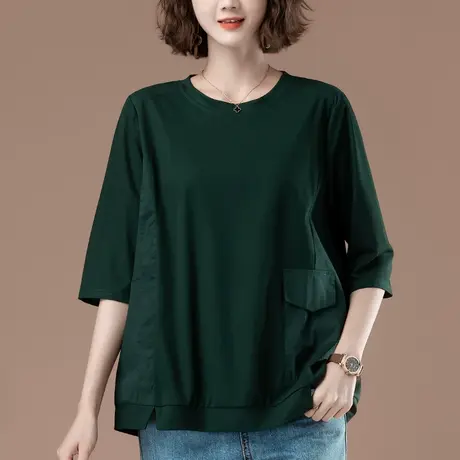 短袖t恤女夏季七分袖加肥加大码女装宽松中年妈妈圆领中袖体恤商品大图