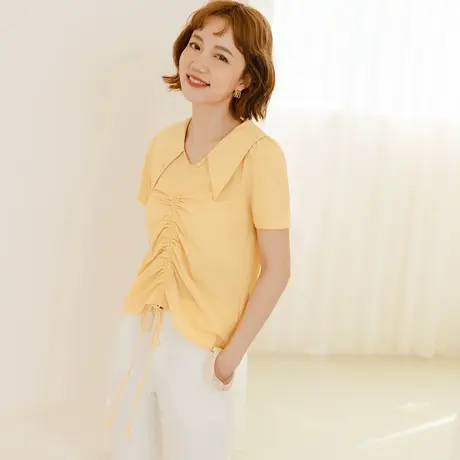 桔熊夏季通勤衬衫领纯色设计抽皱修身气质短袖上衣女大码AB17065商品大图