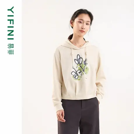 [专柜同款]Yifini/易菲宽松短款连帽空气层卫衣女时尚印花上衣新商品大图