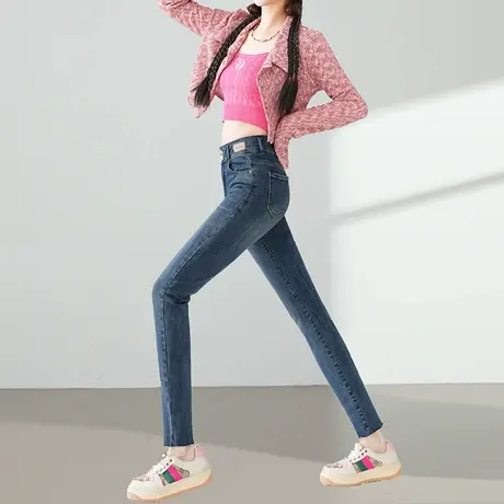 小脚牛仔裤女春秋季新款高弹修身显瘦高腰两粒扣小个子九分铅笔裤商品大图