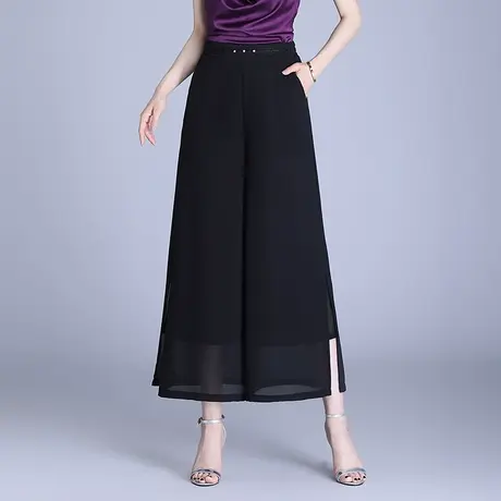 雪纺阔腿裤女夏季薄2025新款高腰显瘦宽松妈妈裤子开叉休闲九分裤图片