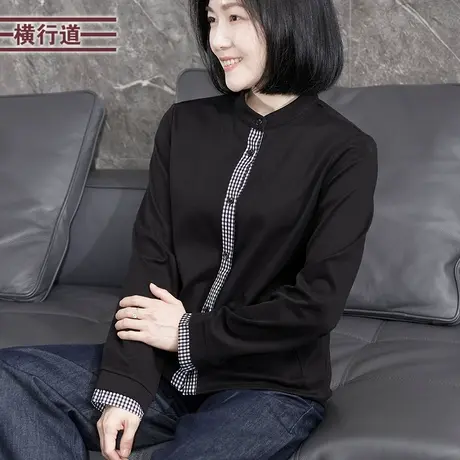 黑色休闲宽松格子拼接立领上衣开衫女装T恤口袋小衫2025秋装打底商品大图