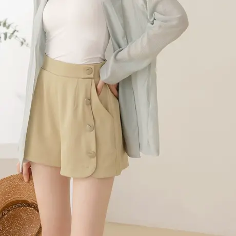 桔熊夏季休闲高腰后松紧设计感单排扣短裤子女胖妹妹大码BA7198商品大图