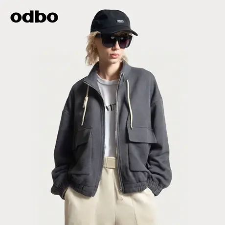 odbo/欧迪比欧夹克外套女秋宽松休闲工装抽绳新款双口袋立领开衫商品大图