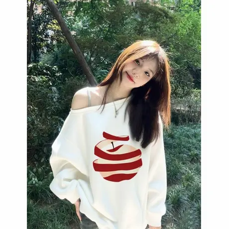 美式斜领露肩白色苹果印花卫衣女秋季新款甜妹设计感小众宽松上衣商品大图