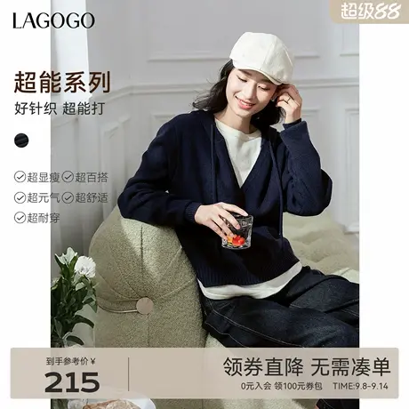 LAGOGO学院假两件套头连帽衫女拉谷谷2025年秋季新款松弛感针织衫商品大图