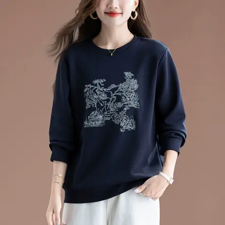 中年女士卫衣春秋新款宽松加肥加大码妈妈装刺绣百搭圆领显瘦上衣商品大图