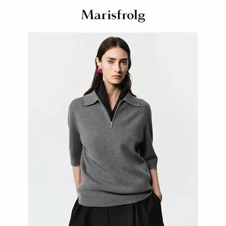【丝光羊毛】Marisfrolg玛丝菲尔2025冬新款半拉链门襟短袖针织衫商品大图