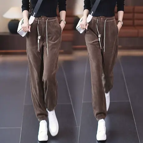 欧棉绒裤子女秋冬新款2023年新款宽松小个子束脚裤高腰系带哈伦裤图片