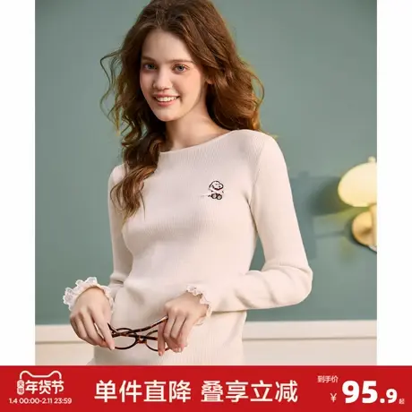 唐狮2026春冬季打底衫女圆领拼接蕾丝花边蝴蝶结打底衫坑条简约商品大图