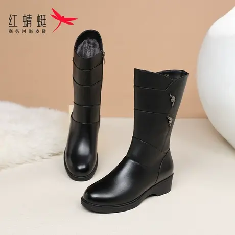 红蜻蜓妈妈真皮棉靴子2025冬季款加绒保暖高长筒真皮中老年人棉鞋图片