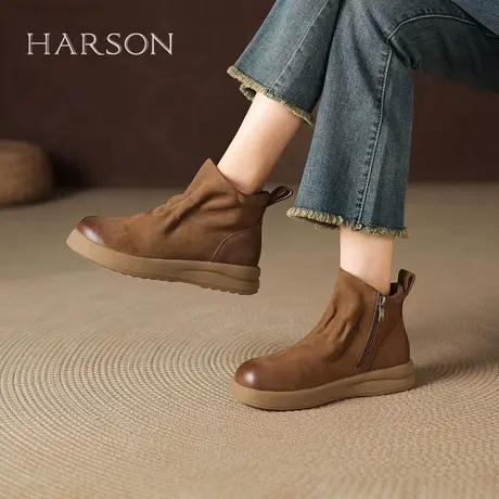 哈森棕色短靴女2025新款秋冬舒适软底时装靴厚底百搭马丁靴及裸靴图片