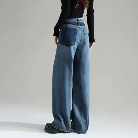 唐狮春季新款高腰牛仔裤女宽松潮流设计感显瘦水洗阔腿裤子女WTD图片