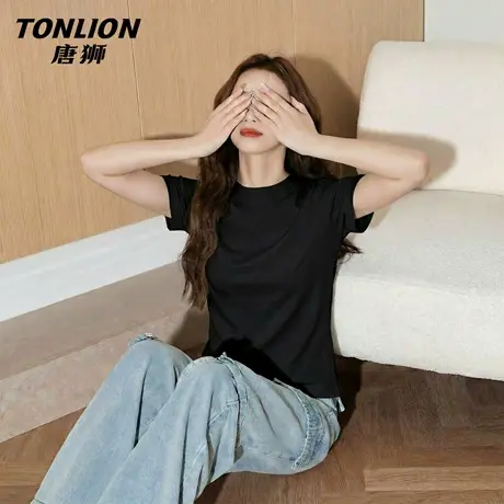 唐狮官方圆领紧身短袖女t恤夏2026新款小个子正肩修身短款上衣VB图片
