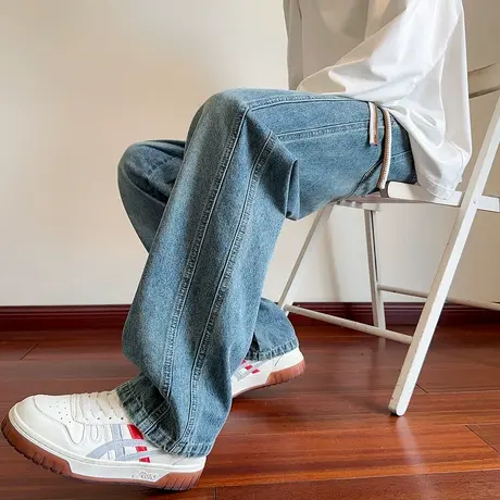 唐狮秋季新款男牛仔长裤宽松侧边设计感百搭休闲帅气韩系穿搭TMTA图片