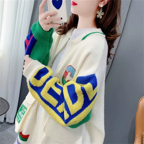 设计感拼接毛衣开衫女2022年新款秋季宽松慵懒风百搭针织外套上衣商品大图