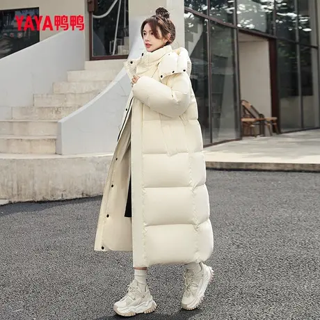 鸭鸭羽绒服女连帽长款过膝2023年秋冬时尚保暖加厚白色外套图片