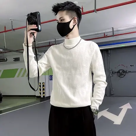 半高领毛衣男秋冬纯色简约高级感潮流韩版修身打底针织衫条纹线衣图片