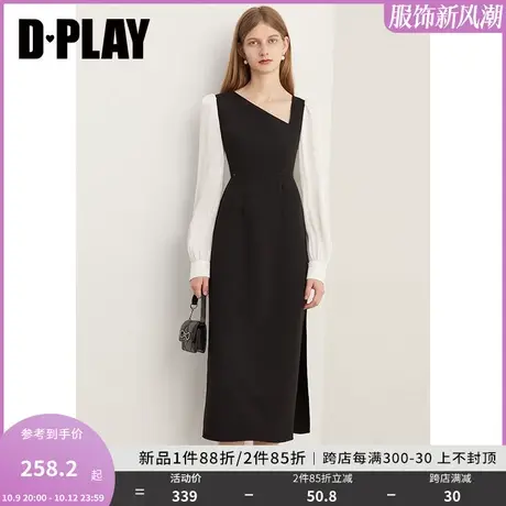 DPLAY2023新法式赫本风经典黑拼白不对称领侧开衩礼服裙小黑裙图片