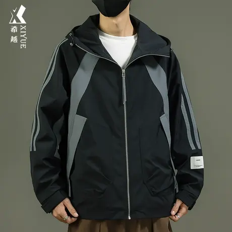 希越防风男士夹克秋冬户外连帽冲锋衣宽松大码撞色拼接运动外套潮商品大图